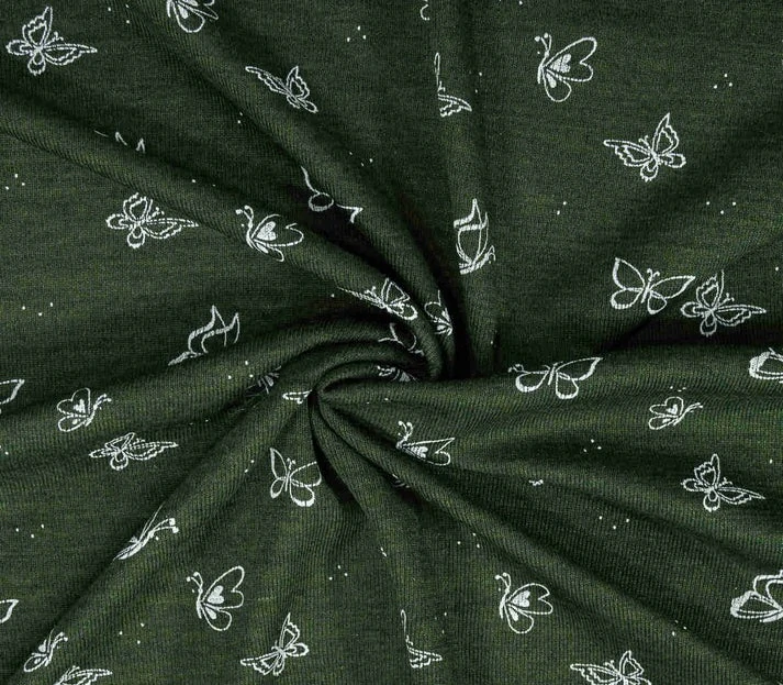 KUS 80cm - Celoroční MERINO/HEDVÁBÍ metráž - Motýlci na lesní zelené