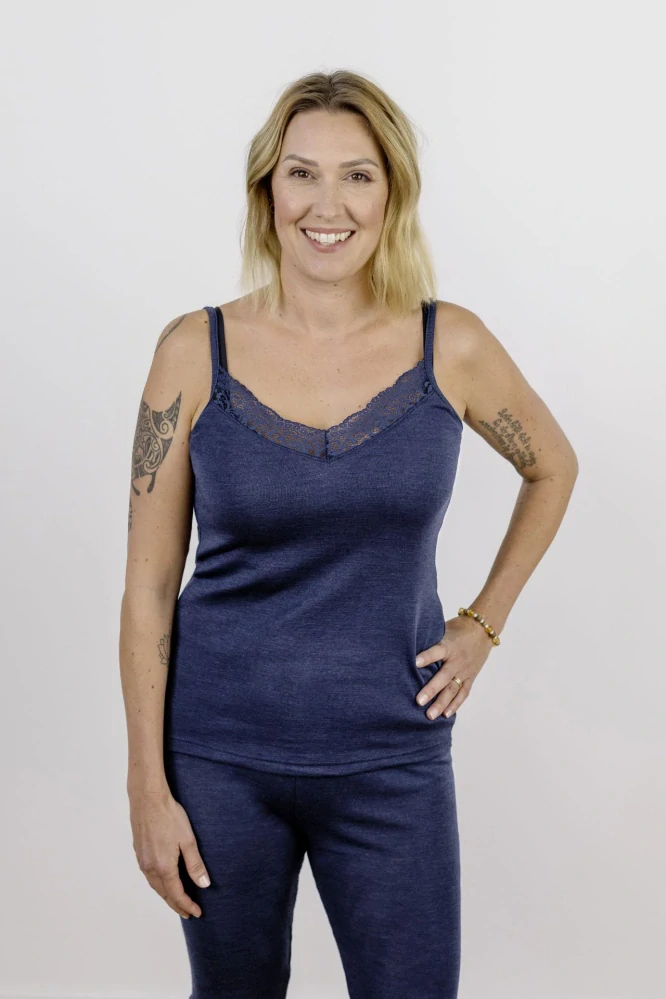 Dámský merino/hedvábí top Engel s krajkou - Tmavě modrý