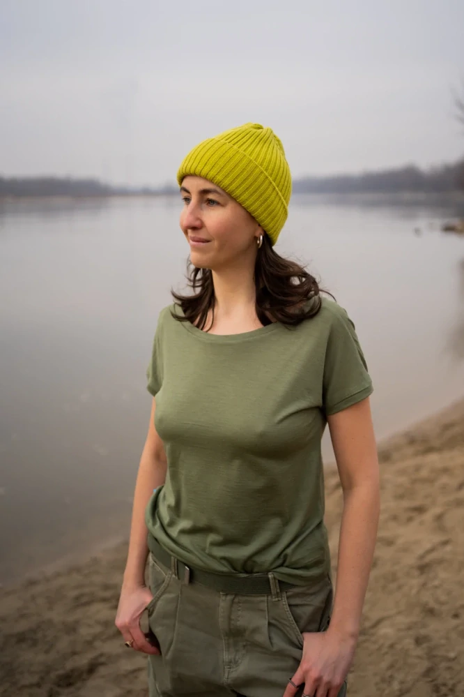 Dámské merino tričko Paterns V, krátký rukáv - Olive light