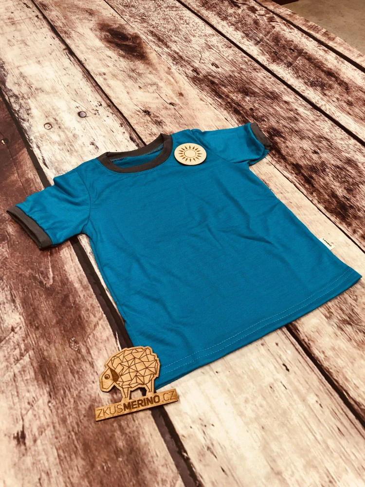 Letní MERINO tričko Lambio, KR - Tyrkys/šedý lem*