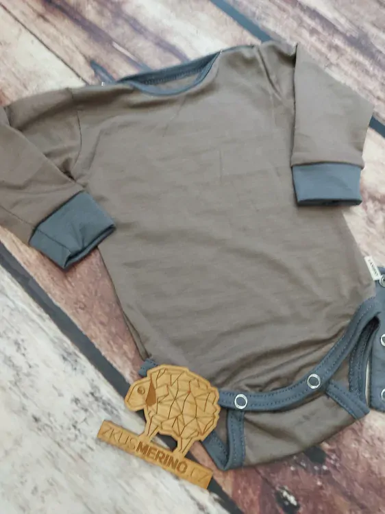 Rostoucí letní MERINO body Lambio, DR - Oříšek/šedý lem