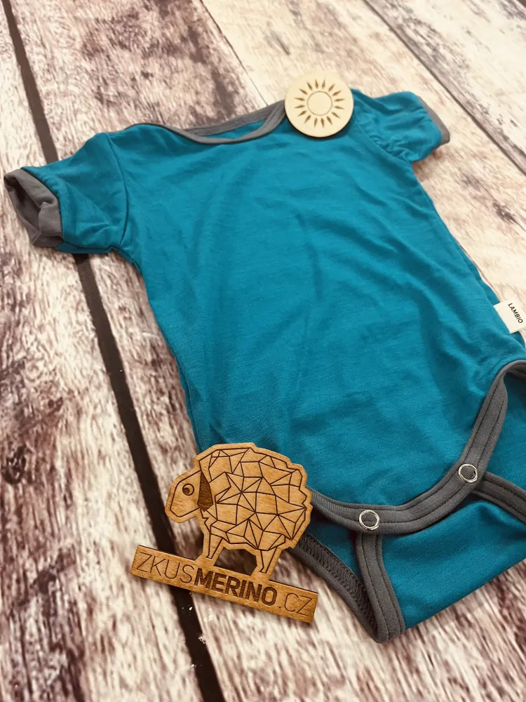 Rostoucí letní MERINO body Lambio, KR - petrol/šedý lem