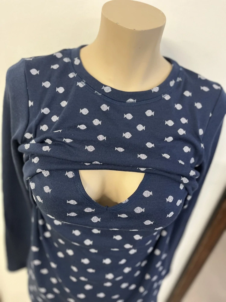 Dámské zimní MERINO kojící tričko ZM Basic, DR - Ryby/tm.rukáv