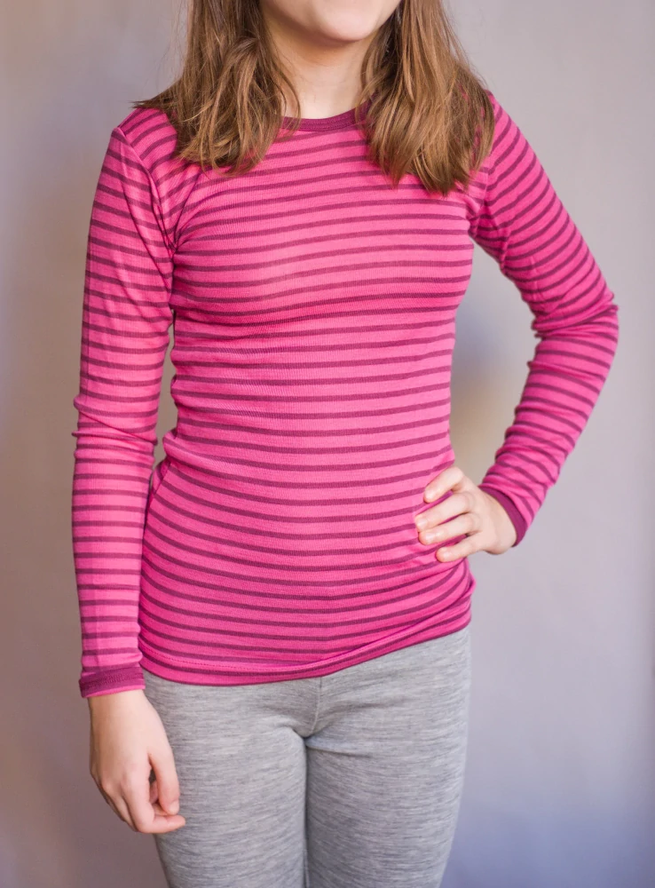 Merino/hedvábí JUNIOR tričko Engel, DR - Malinový proužek