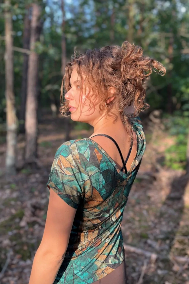 Dámské merino tričko Paterns V, krátký rukáv - Green Gorpcore