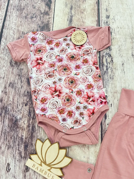Rostoucí BAMBUSOVÝ komplet Lambio, KR - Růžičky/dusty rose*