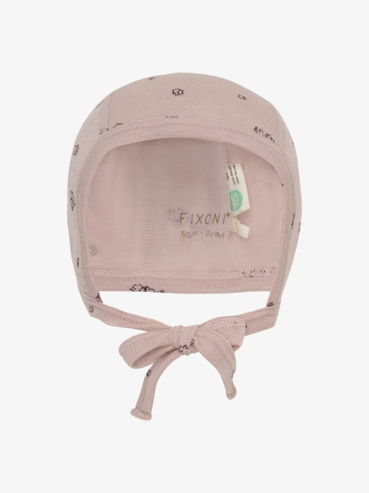 Dětská merino/hedvábí zavazovací čepice FIXONI - Pale Mauve