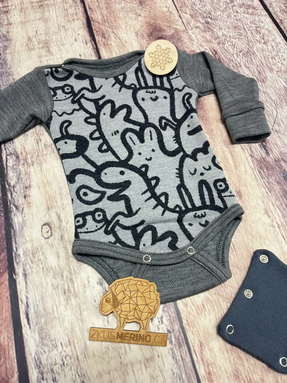 Rostoucí zimní MERINO body Lambio, DR - Postavičky grafit/grafit melé*