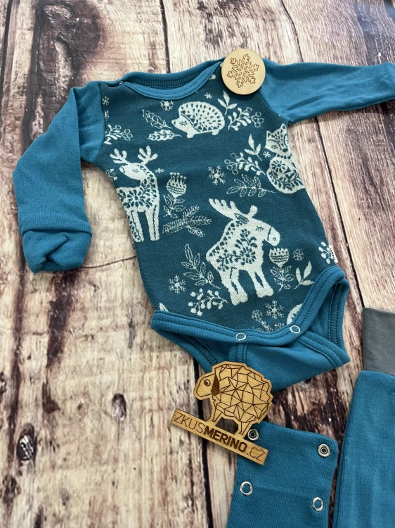 Rostoucí zimní MERINO komplet Lambio, DR - Zvířátka petrolej/petrolej