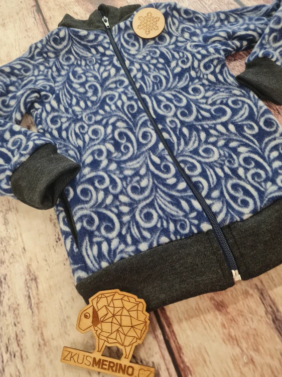 Mikina merino fleece se stojáčkem, na zip - Kudrlinky modré