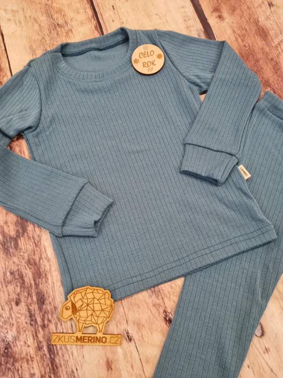 Celoroční MERINO komplet / pyžamo Lambio - Modrozelené žebro