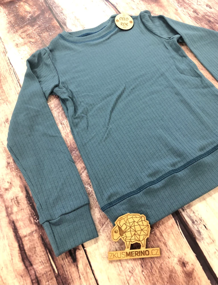 Celoroční junior MERINO tričko ZM Basic se spodním lemem, DR - Modrozelené žebro