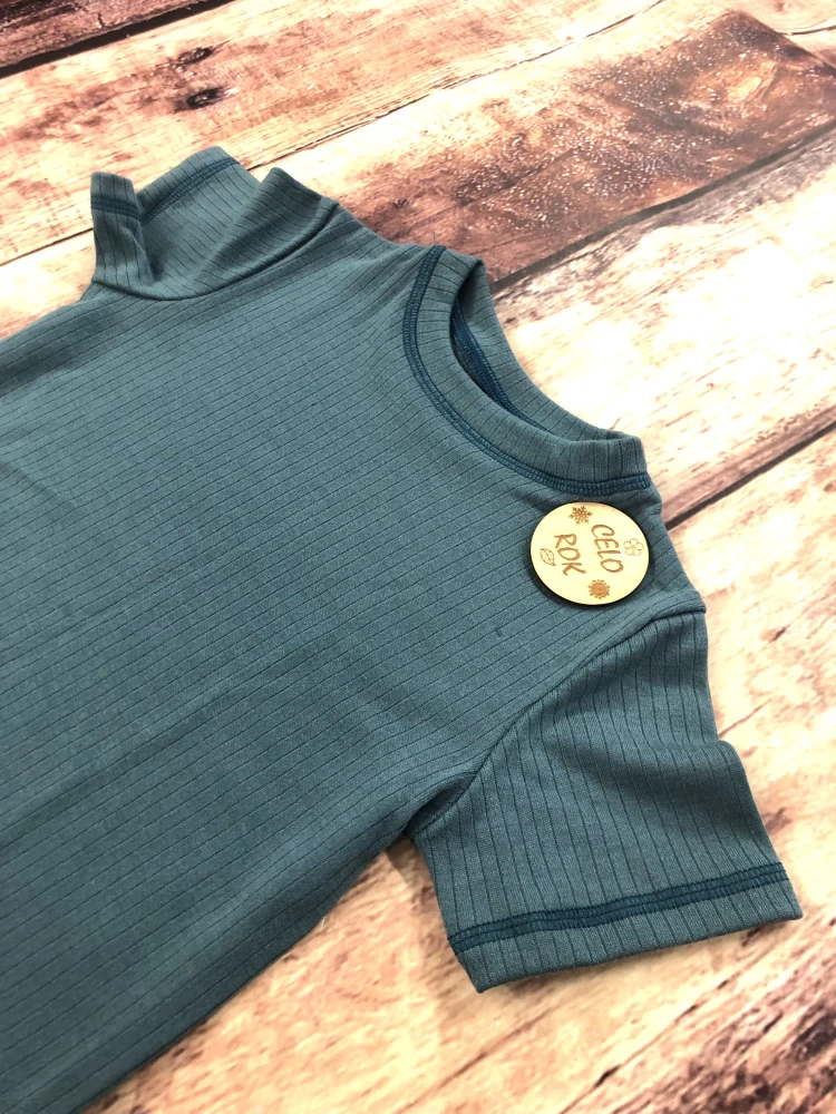 Celoroční junior MERINO tričko ZM Basic se spodním lemem, KR - Modrozelené žebro