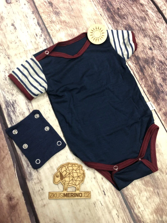 Rostoucí letní MERINO body Lambio, KR - Navy/rukáv proužek