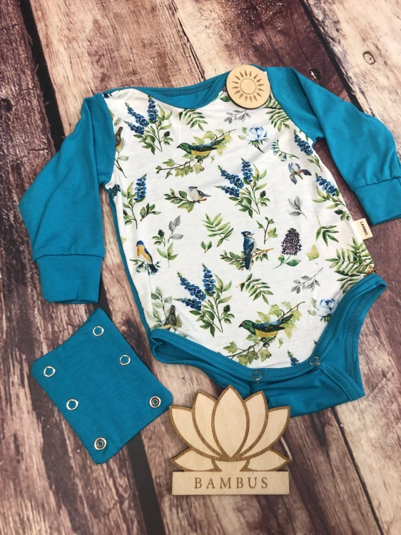 Rostoucí bambusové body Lambio, dl.rukáv - Luční ptáčci/azur