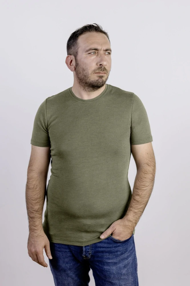 Pánské merino/hedvábí tričko Engel, KR - Olivové