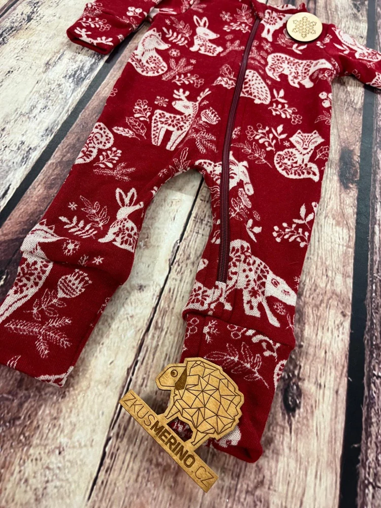 Rostoucí zimní MERINO overal Lambio, DR - Zvířátka červená