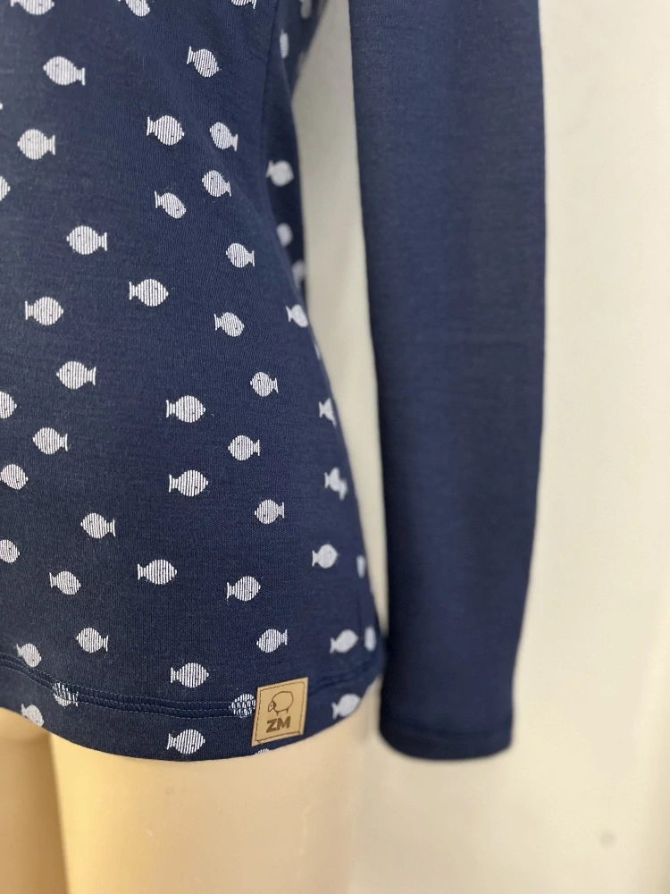 Dámské zimní MERINO kojící tričko ZM Basic, DR - Ryby/tm.rukáv