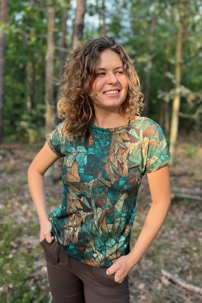 Dámské merino tričko Paterns V, krátký rukáv - Green Gorpcore