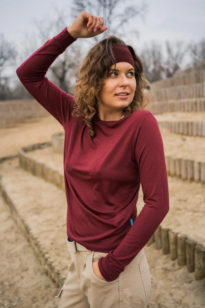 Dámské merino tričko Paterns, dlouhý rukáv - Bordó