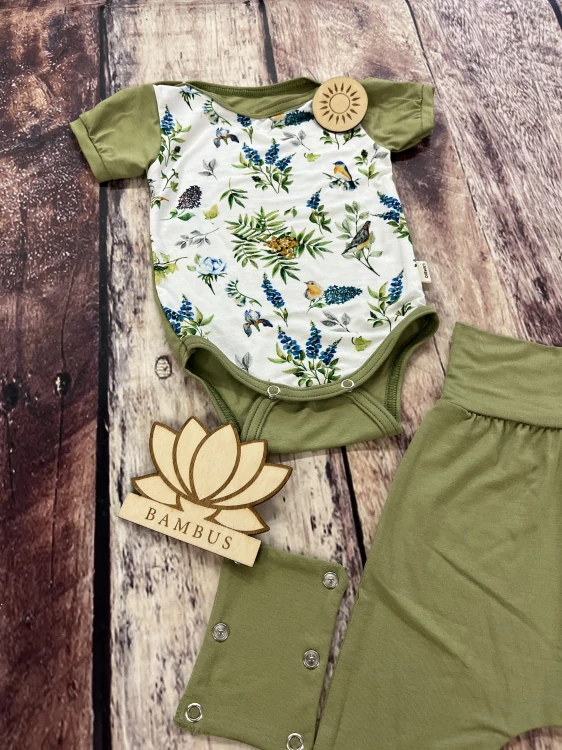 Rostoucí BAMBUSOVÝ komplet Lambio, KR - Ptáčci/mechově zelená*