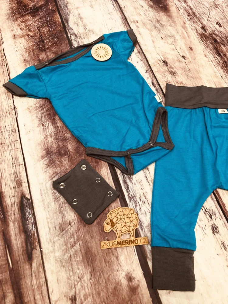 Rostoucí letní MERINO komplet Lambio, KR - Tyrkys/šedý lem*