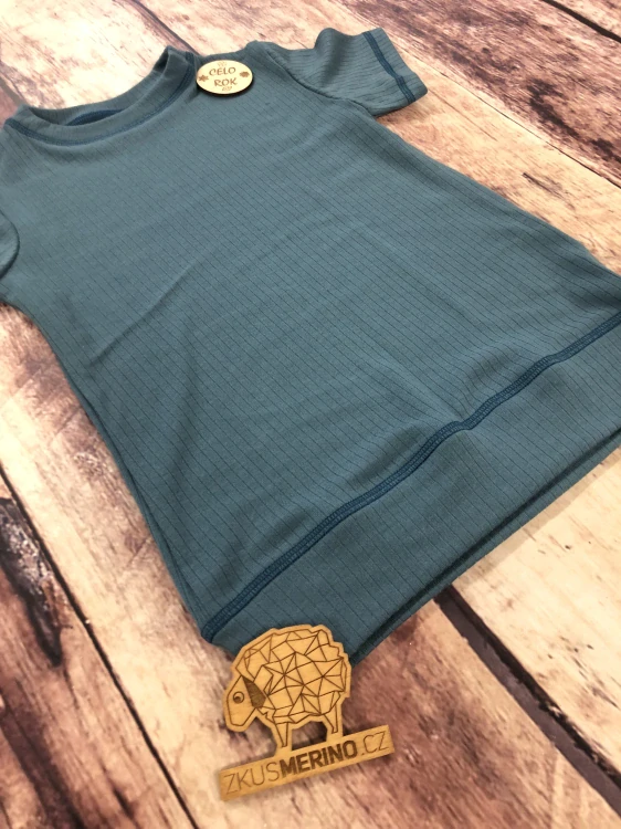 Celoroční junior MERINO tričko ZM Basic se spodním lemem, KR - Modrozelené žebro