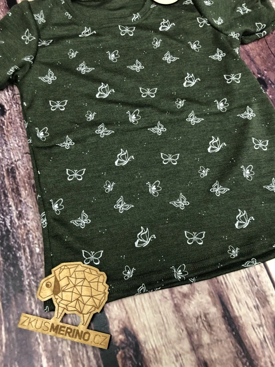 Celoroční MERINO/HEDVÁBÍ tričko Lambio, KR - Motýlci na lesní zelené