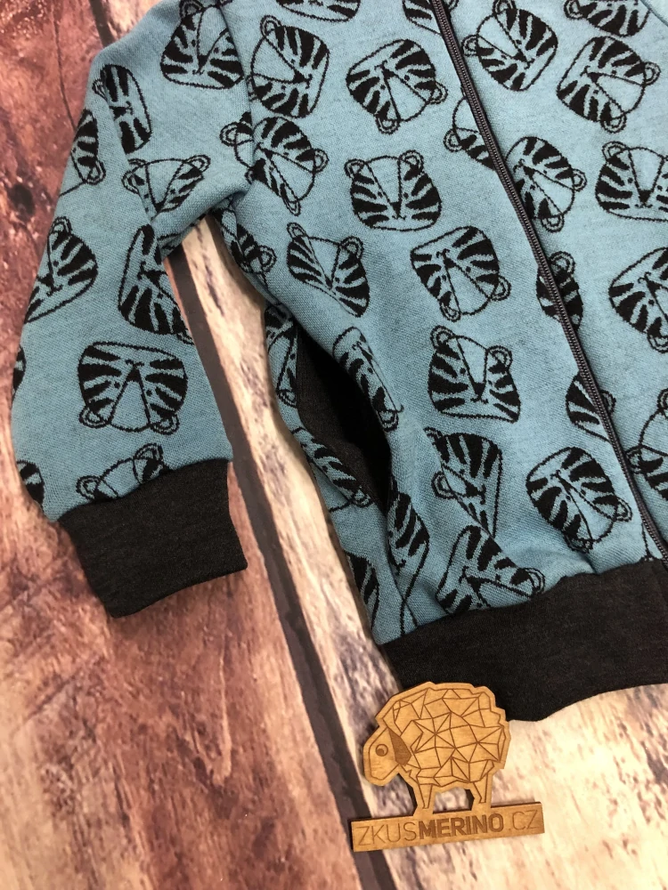Mikina merino jaro/podzim se stojáčkem na zip Lambio - Tygři mořská zelená