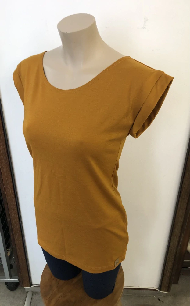 Prodloužené dámské celoroční merino tričko ZM Basic s přinechaným rukávem - Hořčice