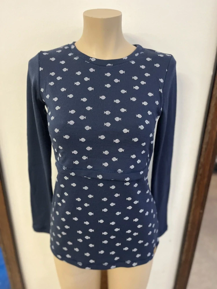 Dámské zimní MERINO kojící tričko ZM Basic, DR - Ryby/tm.rukáv