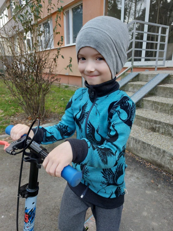 Mikina merino jaro/podzim se stojáčkem na zip Lambio - Jeřábi aqua