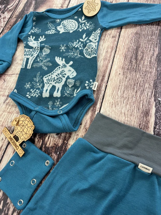 Rostoucí zimní MERINO komplet Lambio, DR - Zvířátka petrolej/petrolej