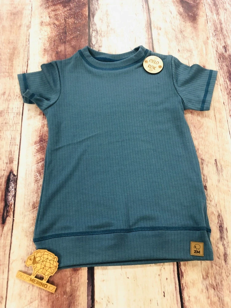 Celoroční junior MERINO tričko ZM Basic se spodním lemem, KR - Modrozelené žebro