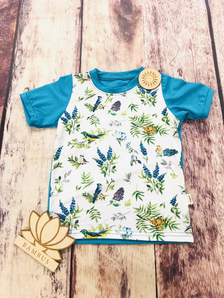 Dětské BAMBUSOVÉ tričko Lambio, KR - Luční ptáčci/azur
