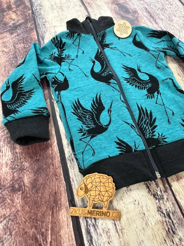 Mikina merino jaro/podzim se stojáčkem na zip Lambio - Jeřábi aqua