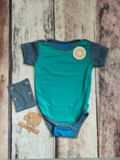 LIMITKA Rostoucí letní MERINO body Lambio, KR - Smaragd-modrá/šedý rukáv*