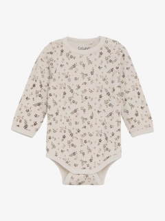 Celoroční merino/viskóza body CeLaVi, DR - Celopotisk - Marron - Kytičky na béžové