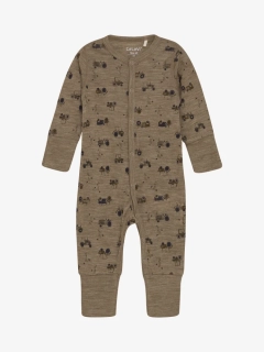 Celoroční merino overal CeLaVi - Celopotisk - Traktory - Cocoa Creme