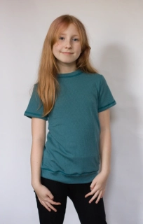 Celoroční junior MERINO tričko ZM Basic se spodním lemem, KR - Modrozelené žebro