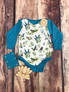 Rostoucí bambusové body Lambio, dl.rukáv - Luční ptáčci/azur